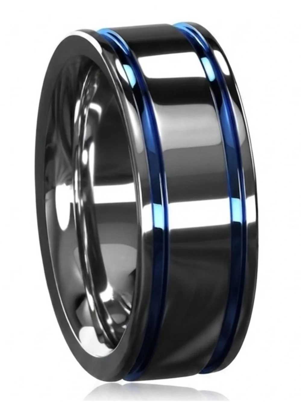 Men's Stainless Steel Silver Tone Ring with Blue Stripe Accents